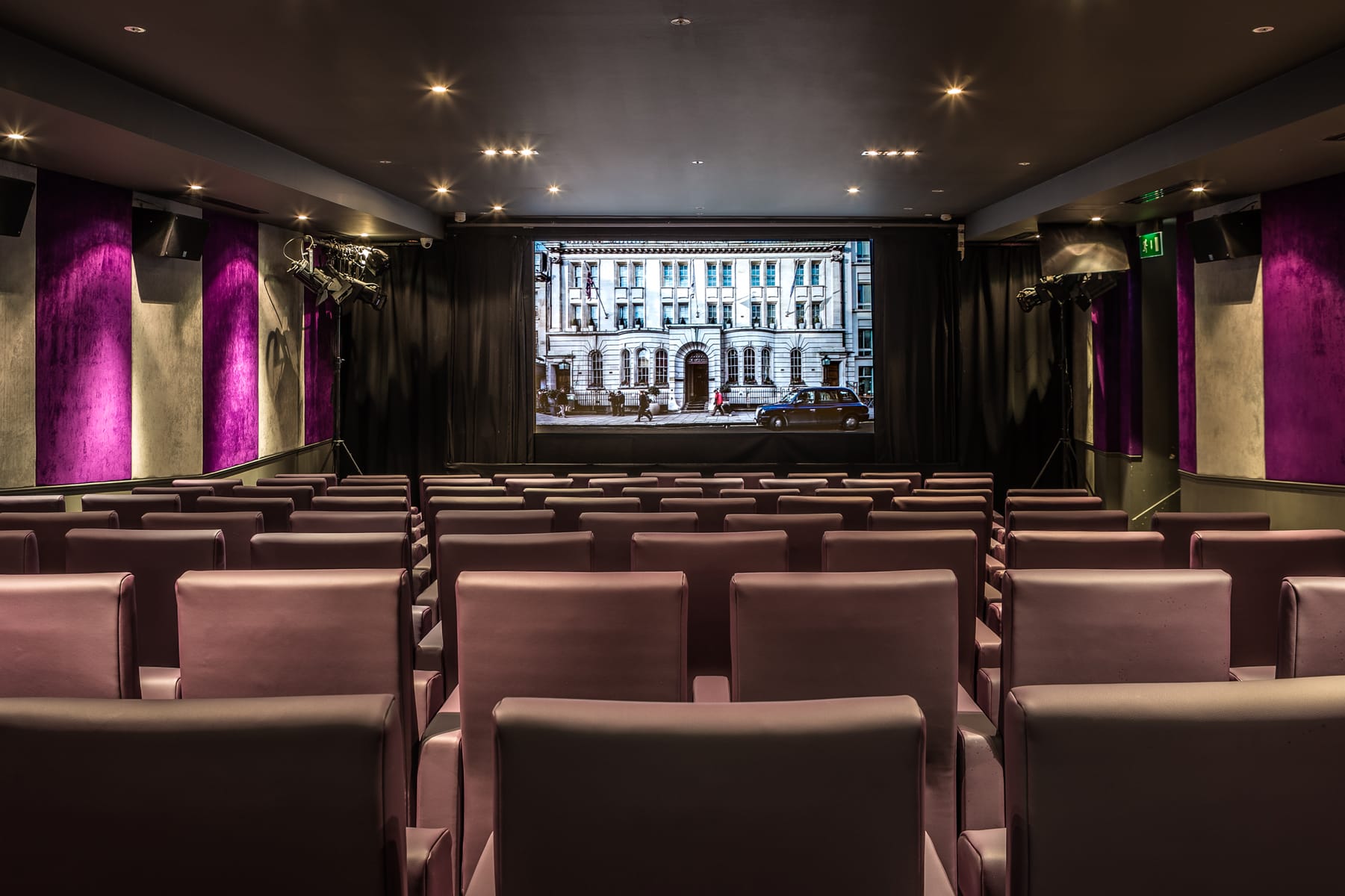 Cinema Room showing the large screen and rows of purple chairs.