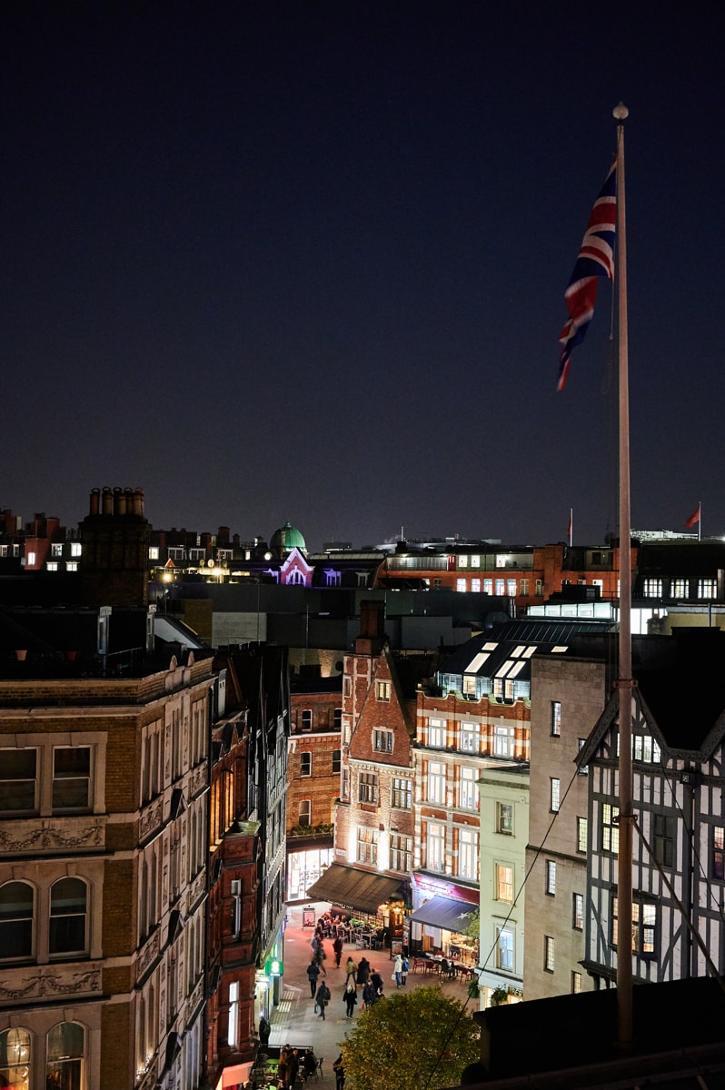 View of a London street at night from the hotel.