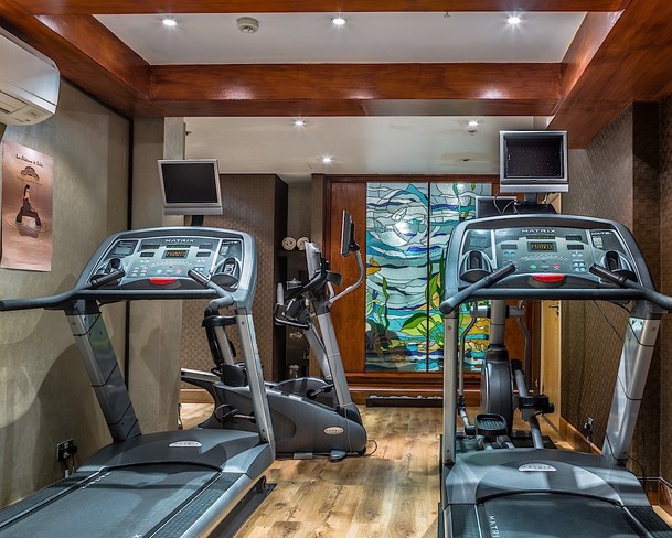 The hotel gym showing the treadmills